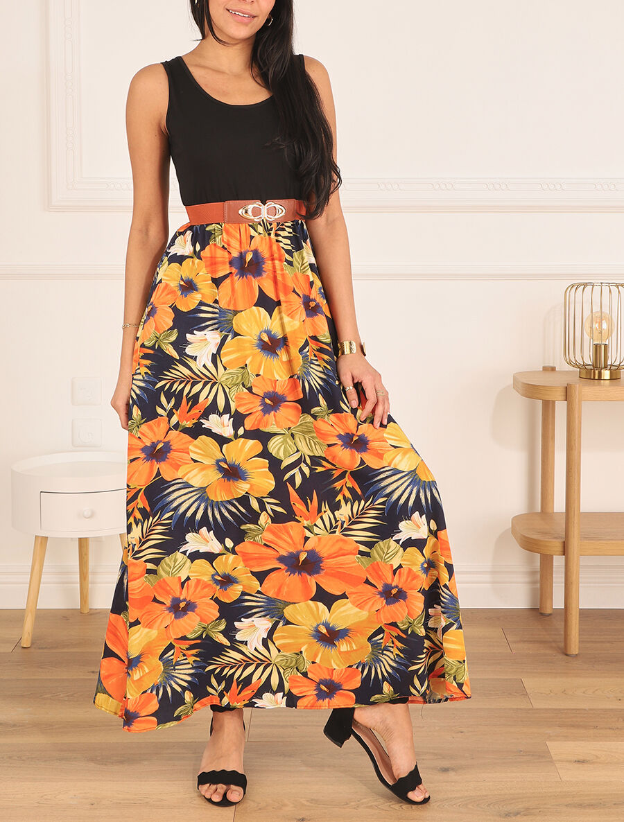 Robe longue bicolore imprimé tropical - Marine - 4