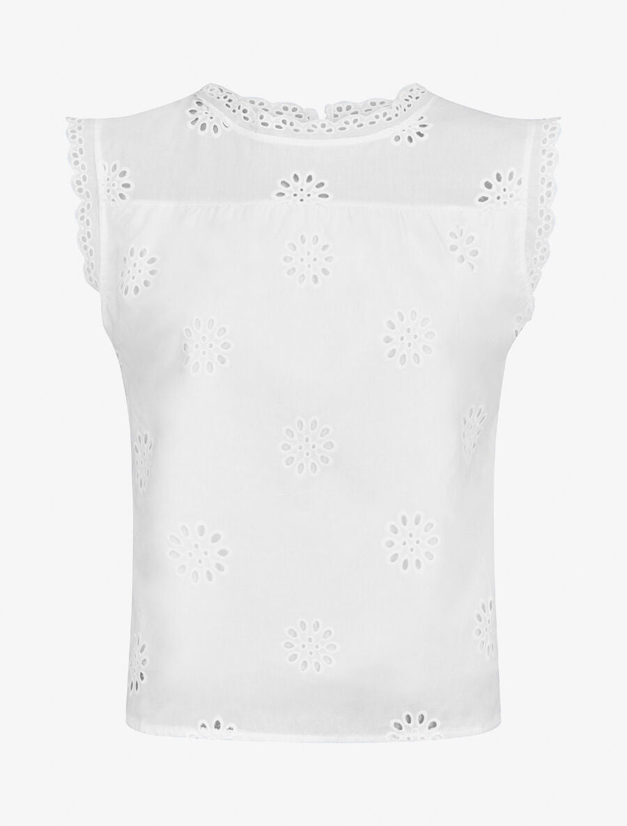 Blouse unie sans manches à motif fleurs - Blanc - 5