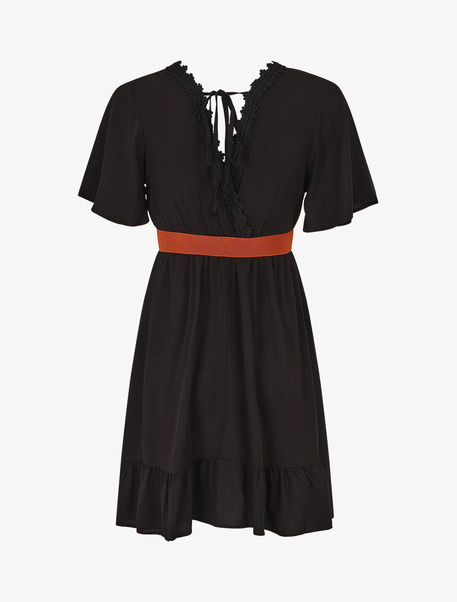 Robe courte unie col dentelle et bords volantés - Noir - 2