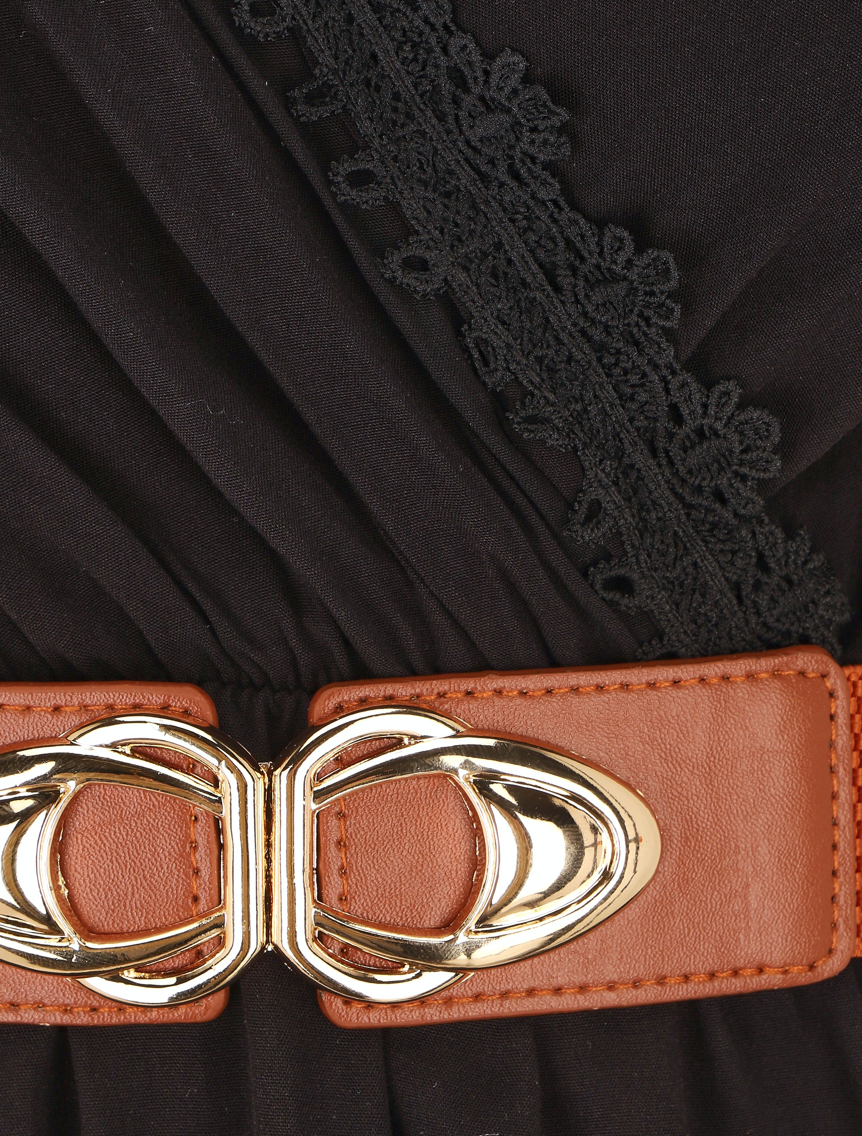 Robe courte unie col dentelle et bords volantés - Noir - 3