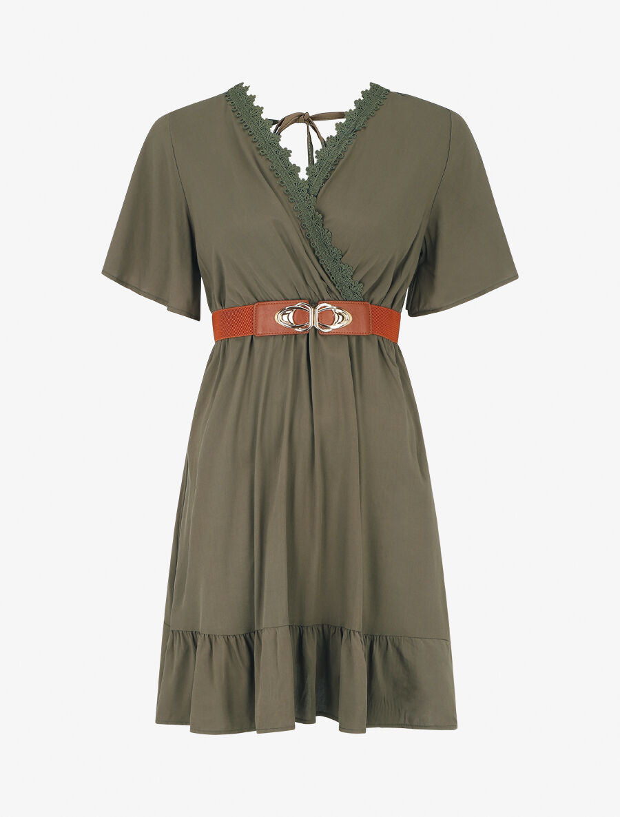 Robe courte unie col dentelle et bords volantés - Kaki - 5