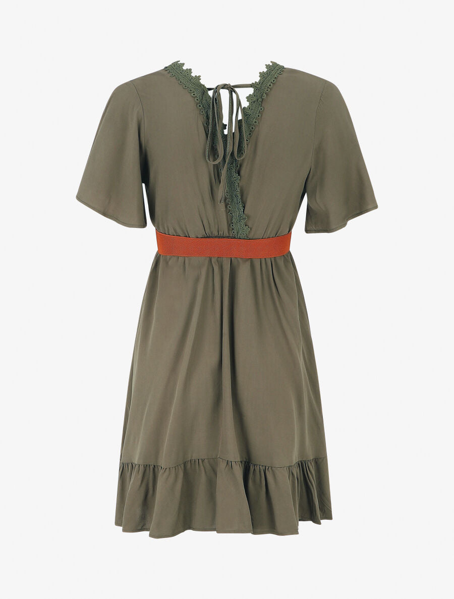 Robe courte unie col dentelle et bords volantés - Kaki - 2
