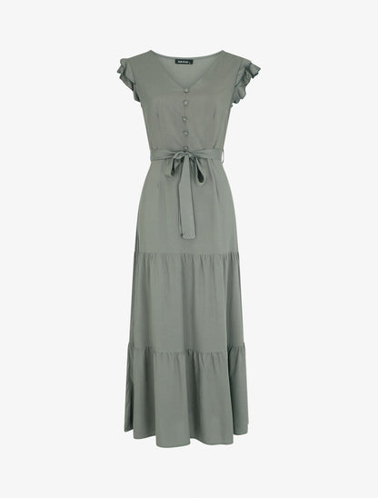 Robe longue unie sans manches à volants - Kaki - 5