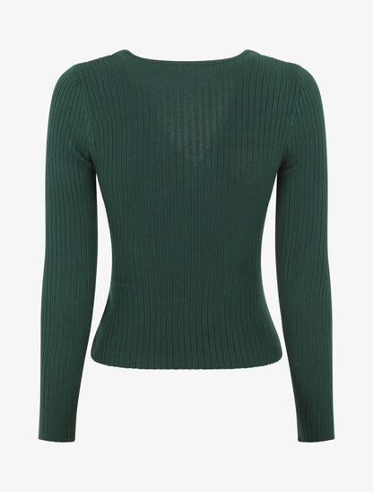 Pull côtelé moulant col cache-coeur - Vert foncé - 2