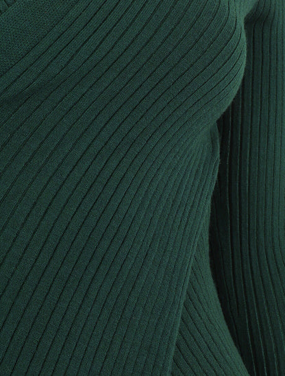 Pull côtelé moulant col cache-coeur - Vert foncé - 3
