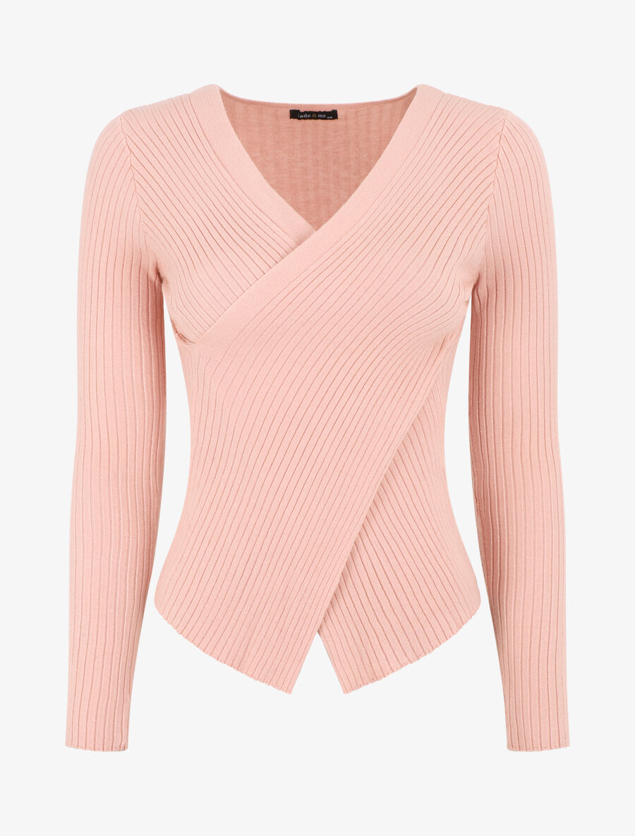 Pull côtelé moulant col cache-coeur - Rose - 6