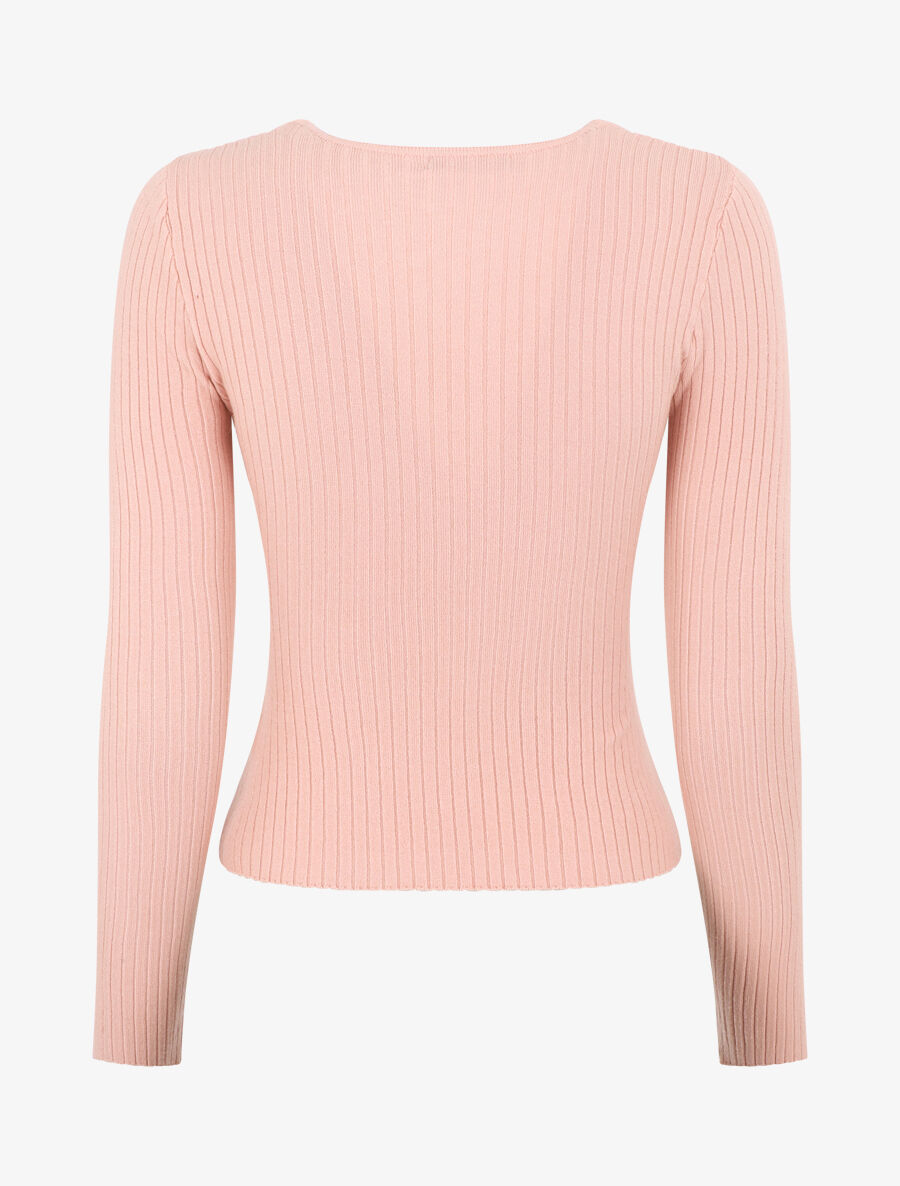 Pull côtelé moulant col cache-coeur - Rose - 2
