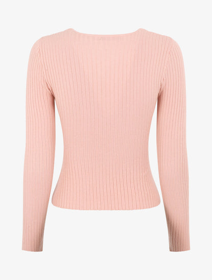 Pull côtelé moulant col cache-coeur - Rose - 2