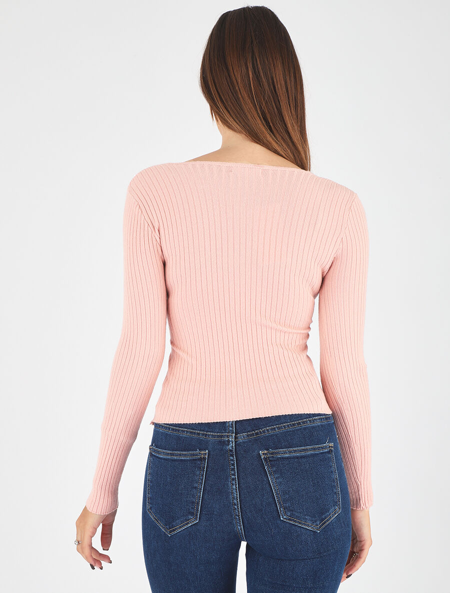 Pull côtelé moulant col cache-coeur - Rose - 5