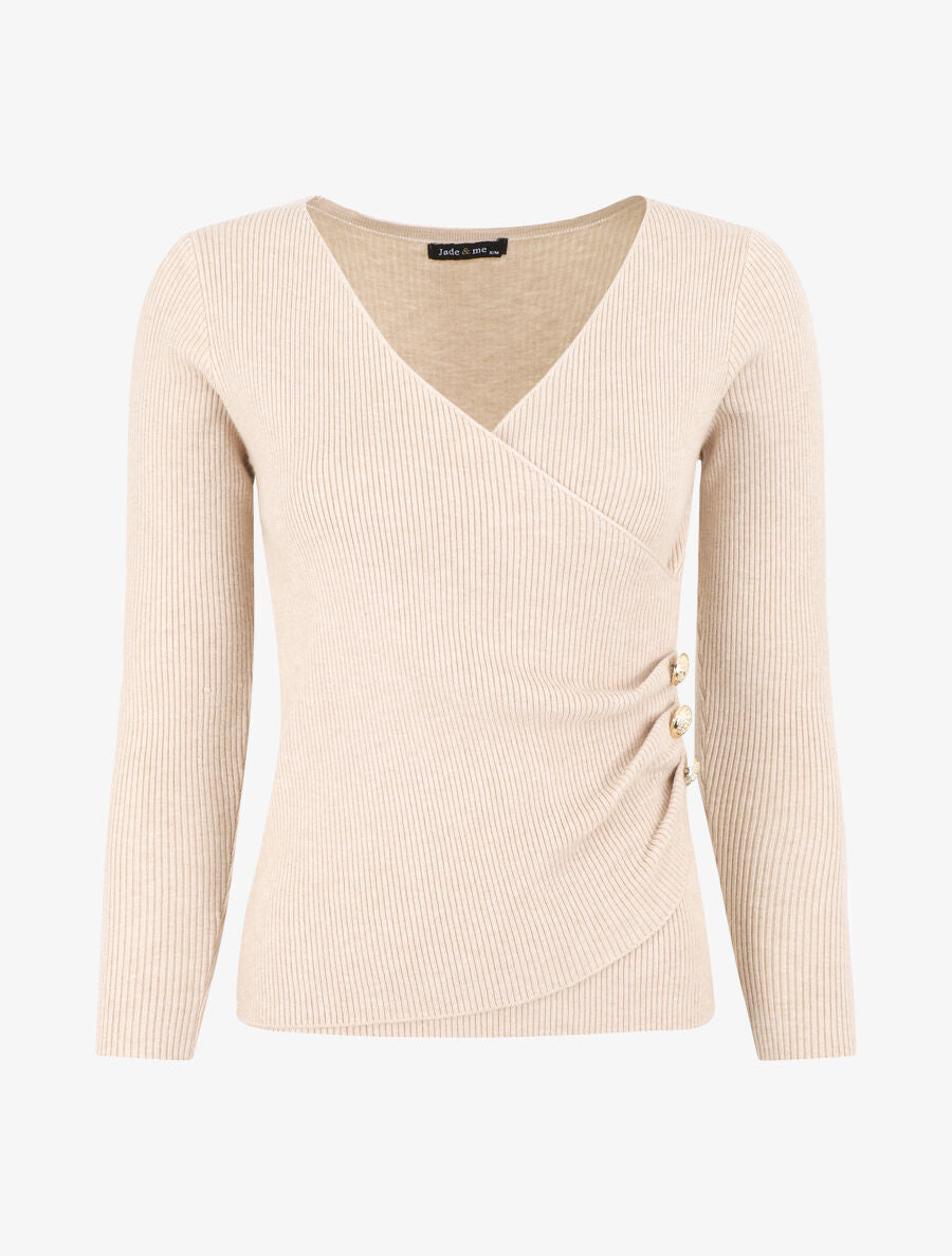 Pull côtelé col cache-coeur et boutons - Beige - 1