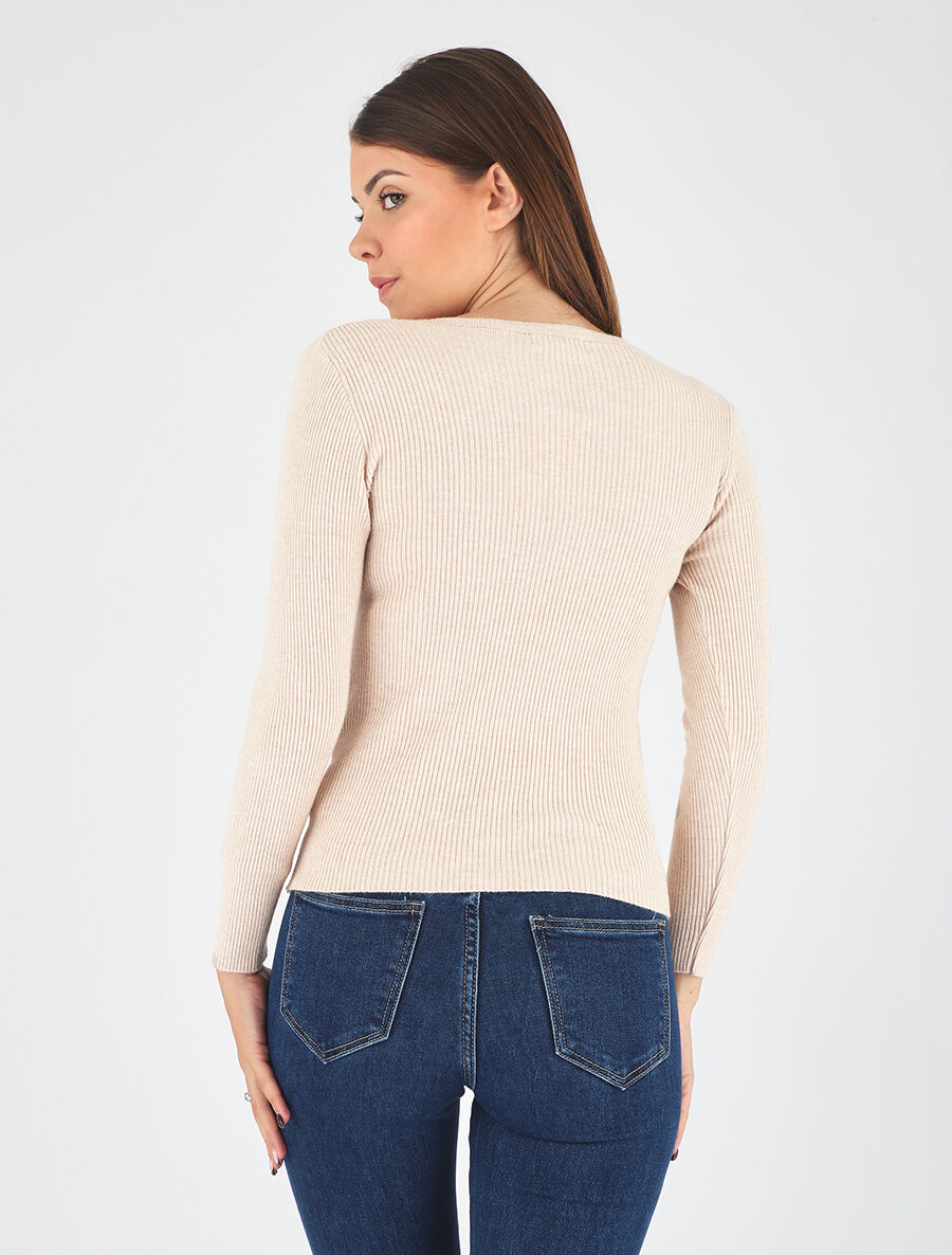 Pull côtelé col cache-coeur et boutons - Beige - 5