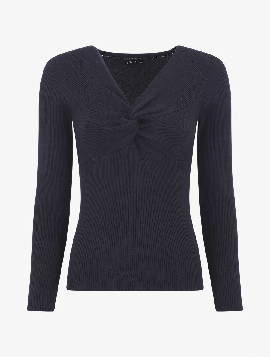 Pull fin côtelé à col nœud - Marine - 4
