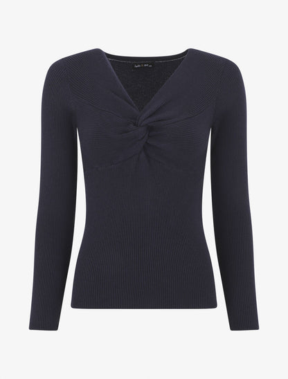 Pull fin côtelé à col nœud - Marine - 4
