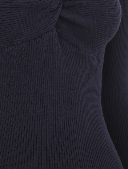 Pull fin côtelé à col nœud - Marine - 3