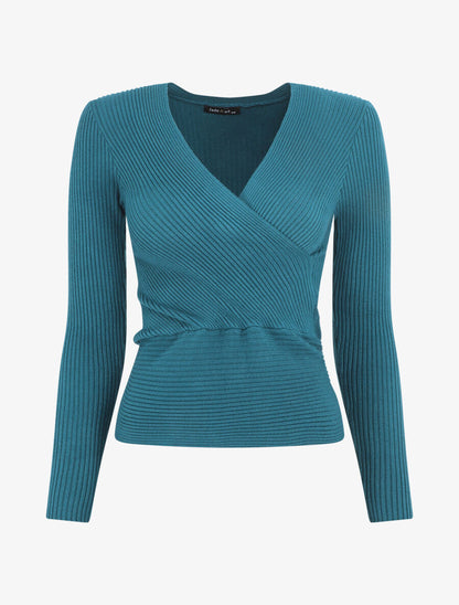 Pull côtelé uni à col cache-coeur - Bleu canard - 4