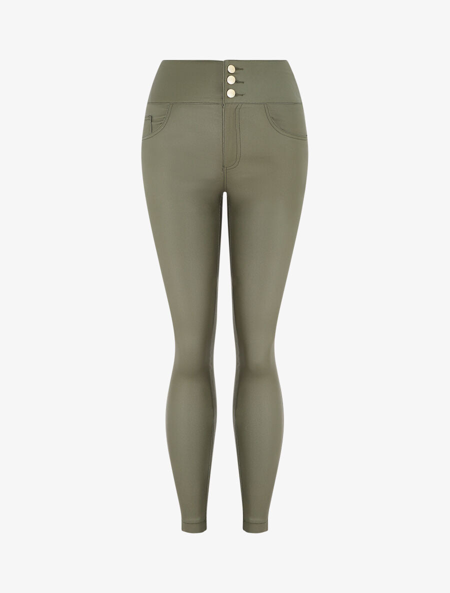 Pantalon slim taille haute effet ciré - Kaki - 4