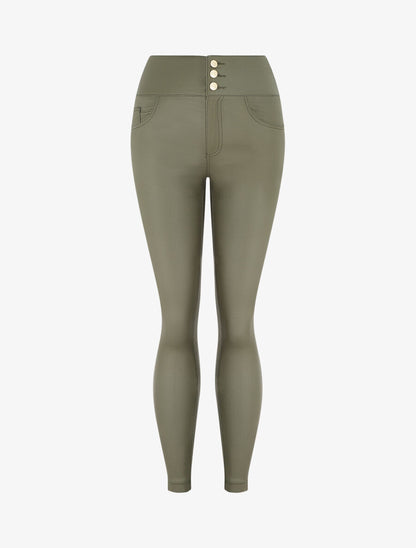 Pantalon slim taille haute effet ciré - Kaki - 4
