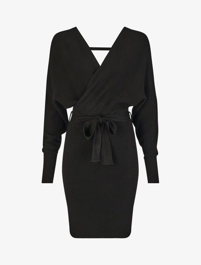 Robe mi-longue en maille à manches longues - Noir - 1