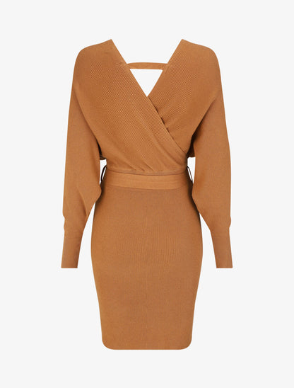 Robe mi-longue en maille à manches longues - Camel - 2