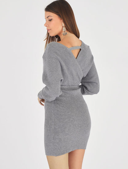 Robe mi-longue en maille à manches longues - Gris - 5