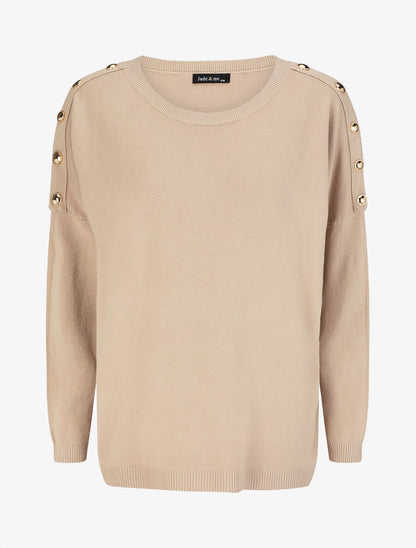 Pull fin à col rond et boutons décoratifs - Beige - 7