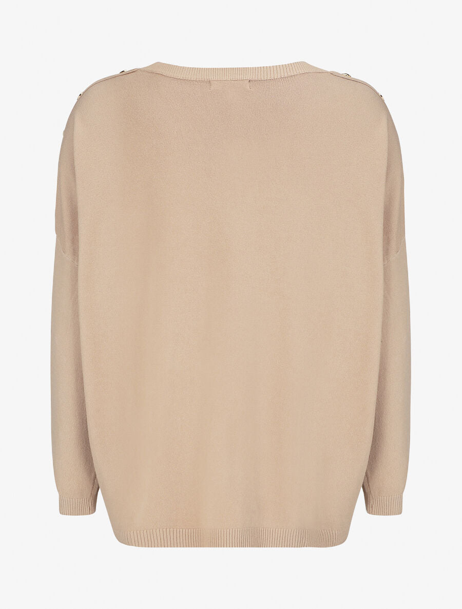 Pull fin à col rond et boutons décoratifs - Beige - 5