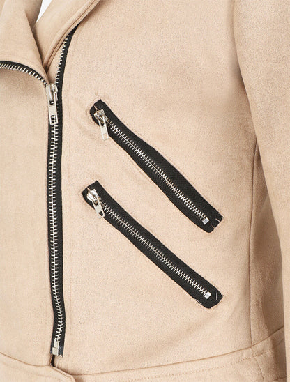 Veste en suédine à mutiples zip - Beige - 3
