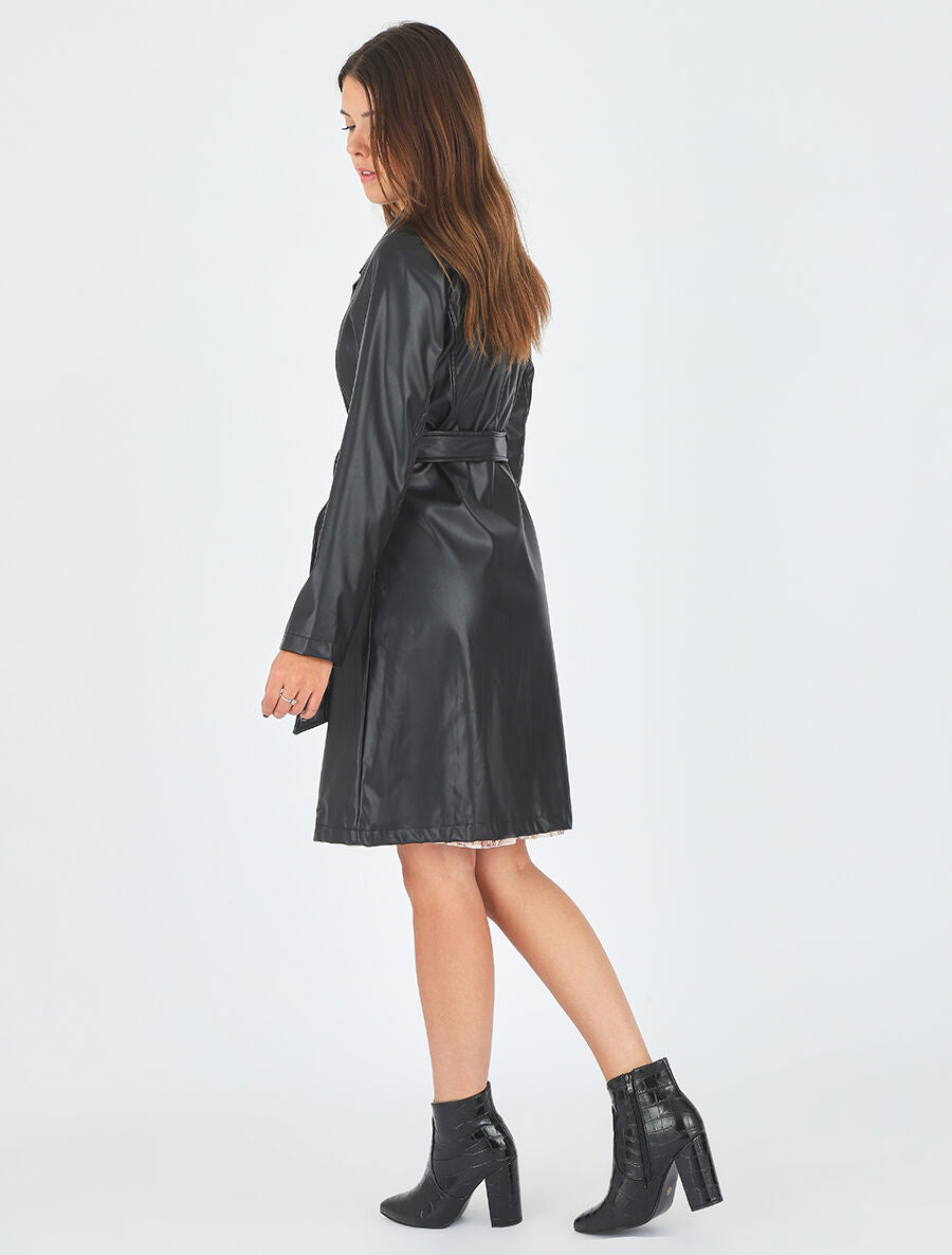 Veste longue en simili coupe droite - Noir - 6