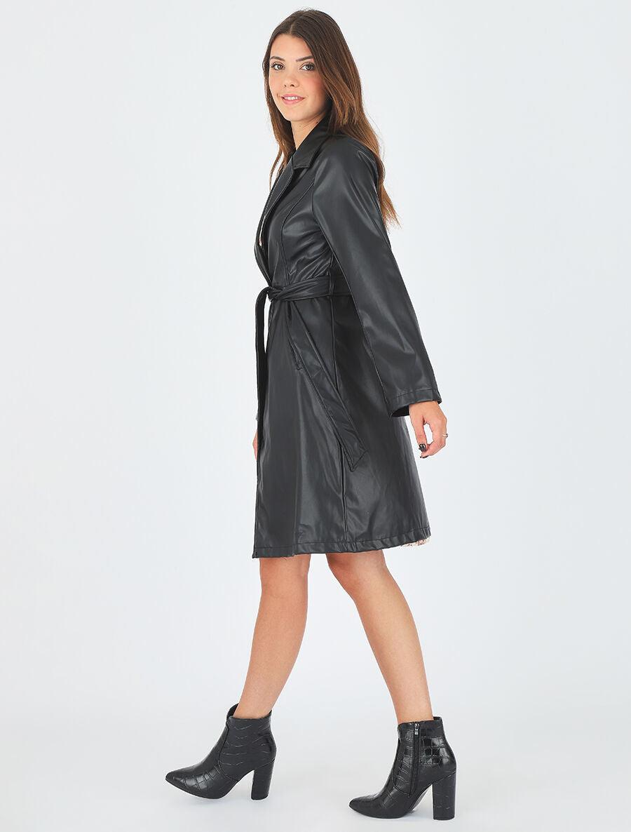 Veste longue en simili coupe droite - Noir - 5