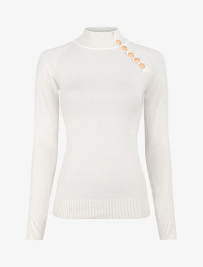 Pull fin uni et boutons décoratifs - Blanc - 1