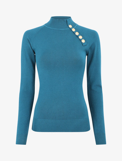 Pull fin uni et boutons décoratifs - Bleu canard - 1