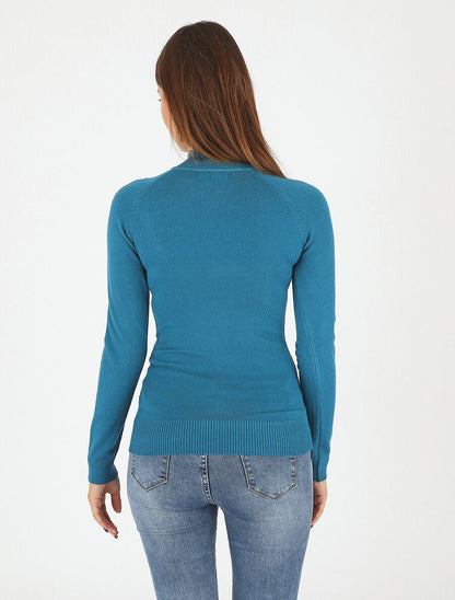 Pull fin uni et boutons décoratifs - Bleu canard - 5