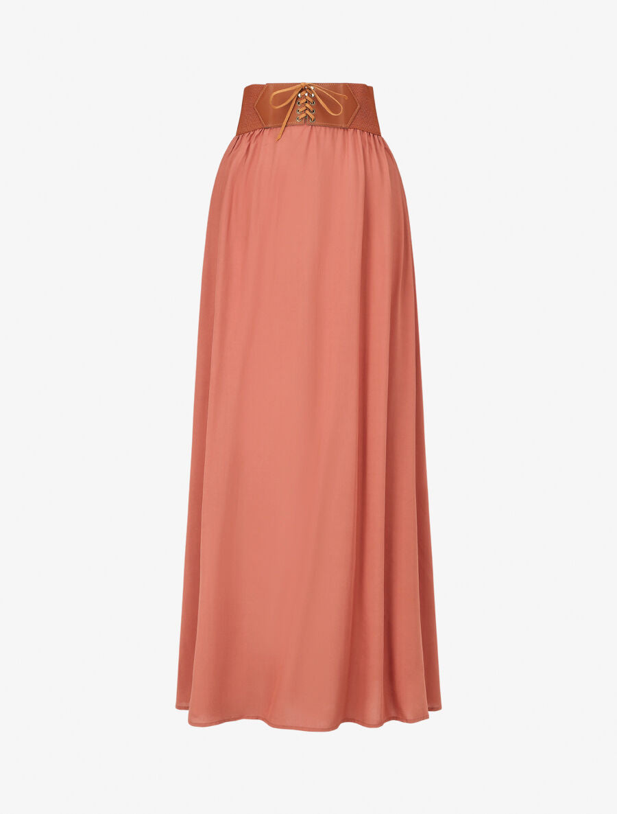 Jupe longue unie à taille élastiquée - Corail - 4
