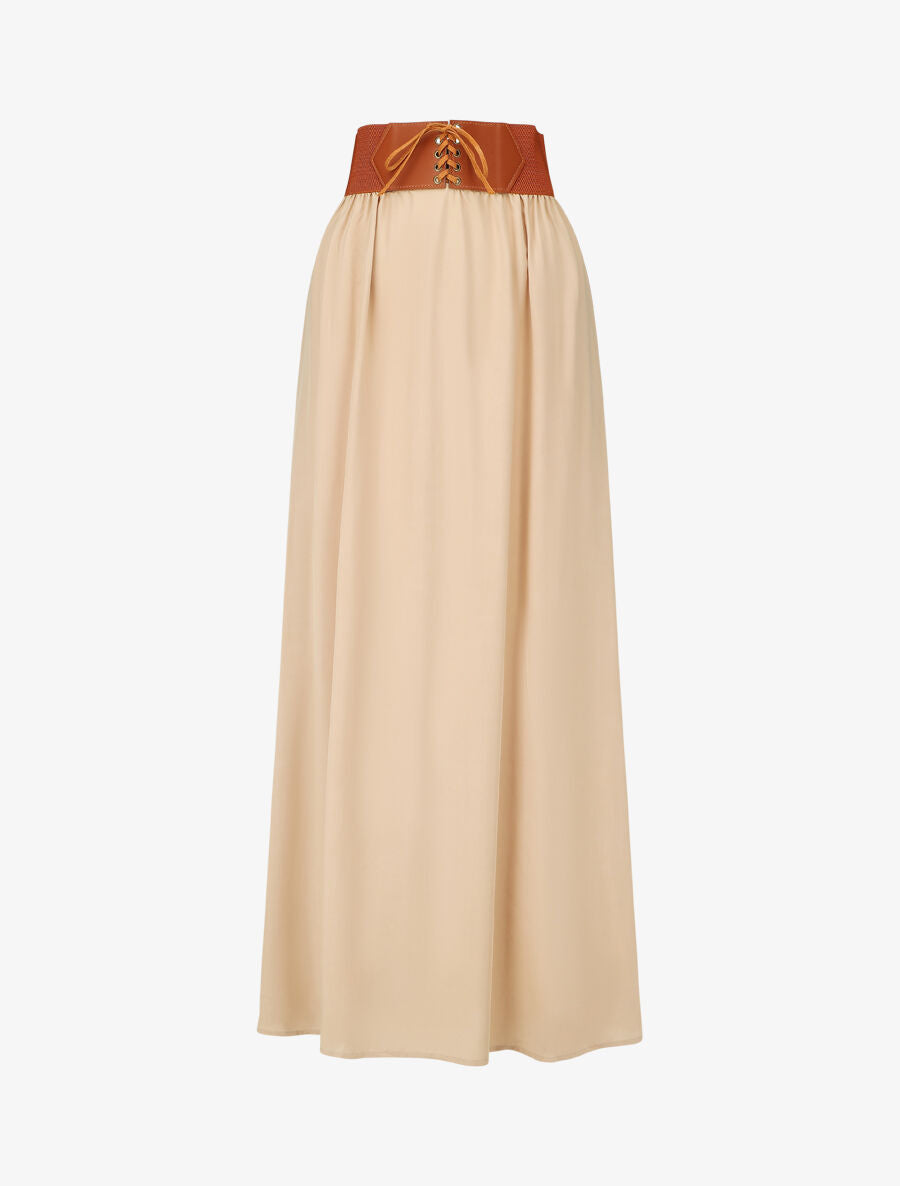 Jupe longue unie à taille élastiquée - Beige - 4
