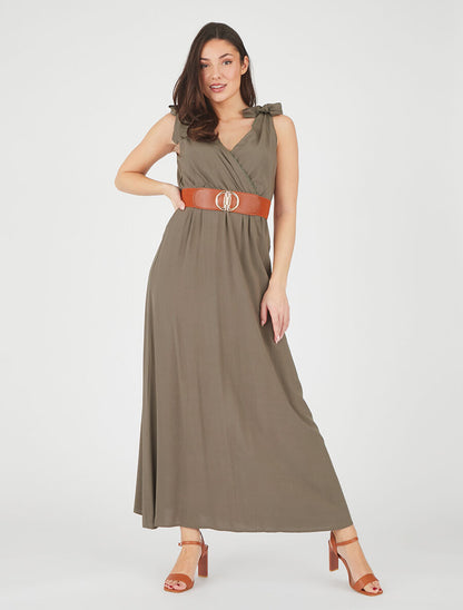 Robe longue à nœuds sur les épaules - Kaki - 4