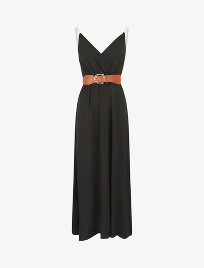 Robe longue unie à bretelles fantaisies - Noir - 1