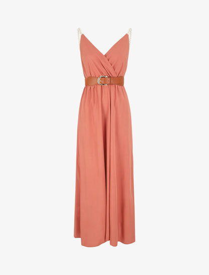 Robe longue unie à bretelles fantaisies - Corail - 1