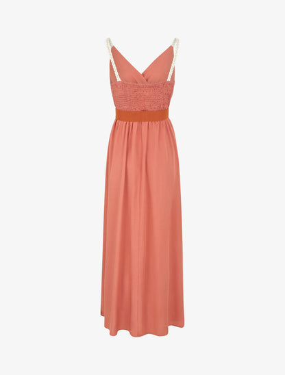 Robe longue unie à bretelles fantaisies - Corail - 2