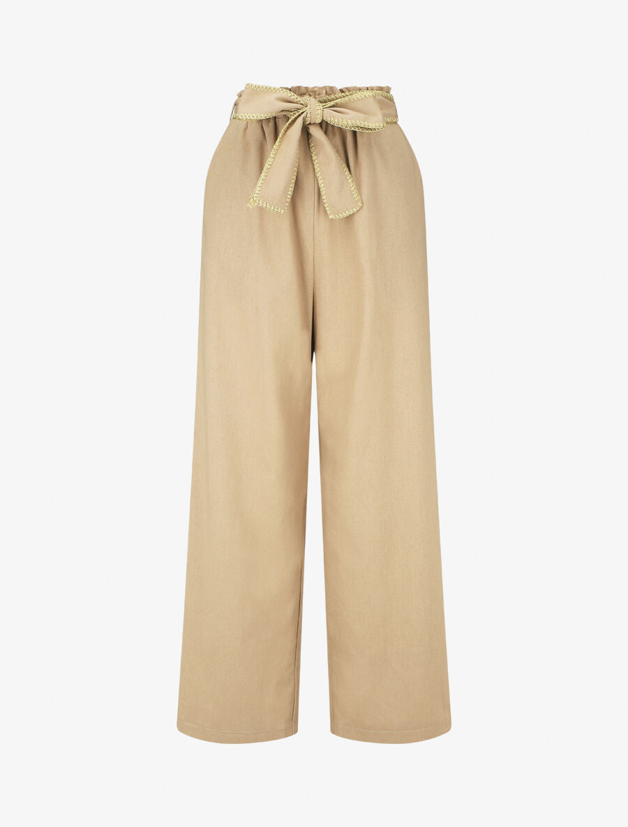 Pantalon élastiqué effet lin à ceinture stylisé - Beige - 5