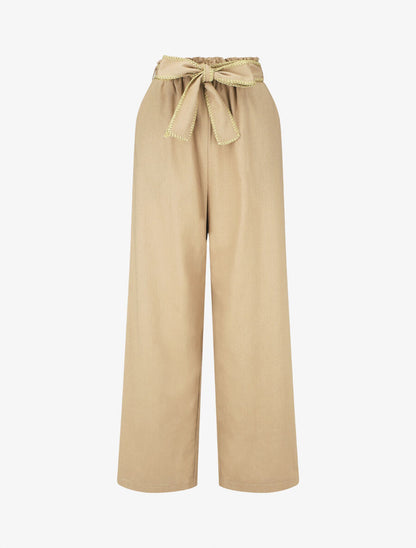 Pantalon élastiqué effet lin à ceinture stylisé - Beige - 5