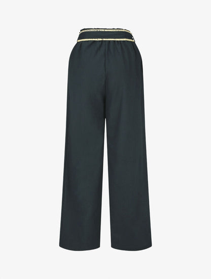 Pantalon élastiqué effet lin à ceinture stylisé - Marine - 2