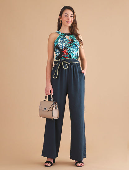 Pantalon élastiqué effet lin à ceinture stylisé - Marine - 4