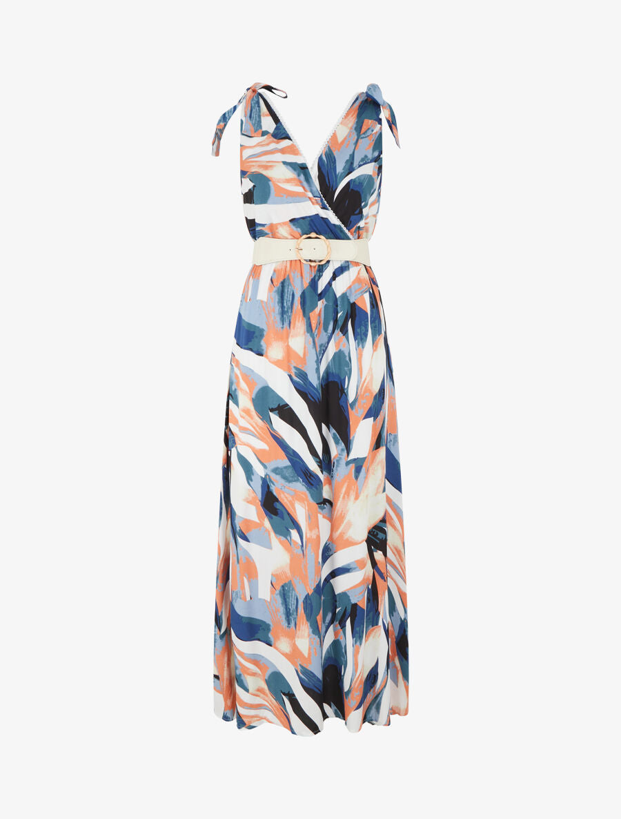 Robe imprimé abstrait à nœuds aux épaules - Corail - 6