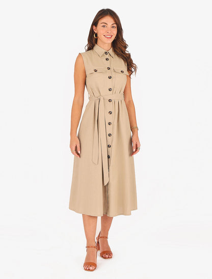 Robe évasée boutonnée à poches - Beige - 4