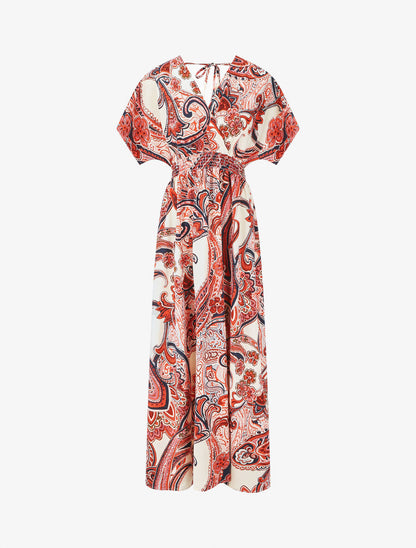 Robe longue manches courtes imprimé cachemire - Rouge - 1