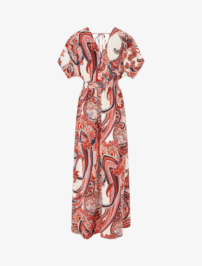 Robe longue manches courtes imprimé cachemire - Rouge - 2