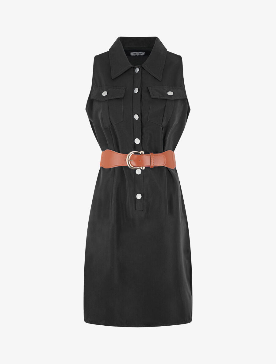 Robe unie style chemise sans manches - Noir - 1