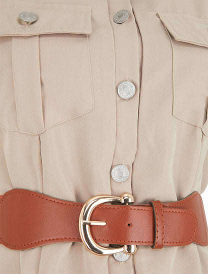 Robe unie style chemise sans manches - Beige - 3