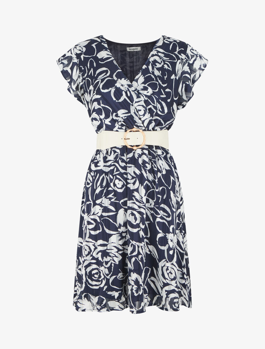 Robe mi-longue imprimé floral irisé - Marine - 1