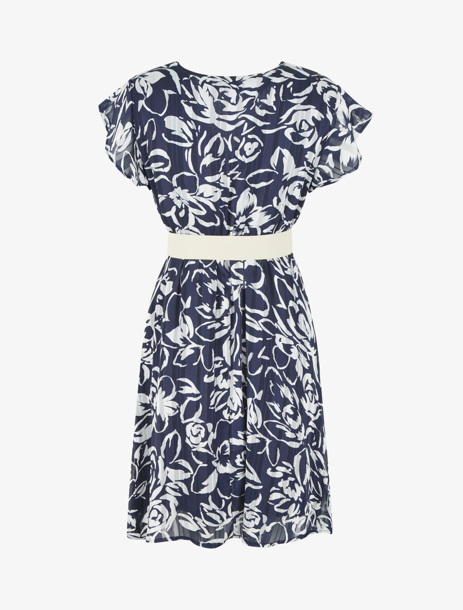 Robe mi-longue imprimé floral irisé - Marine - 2